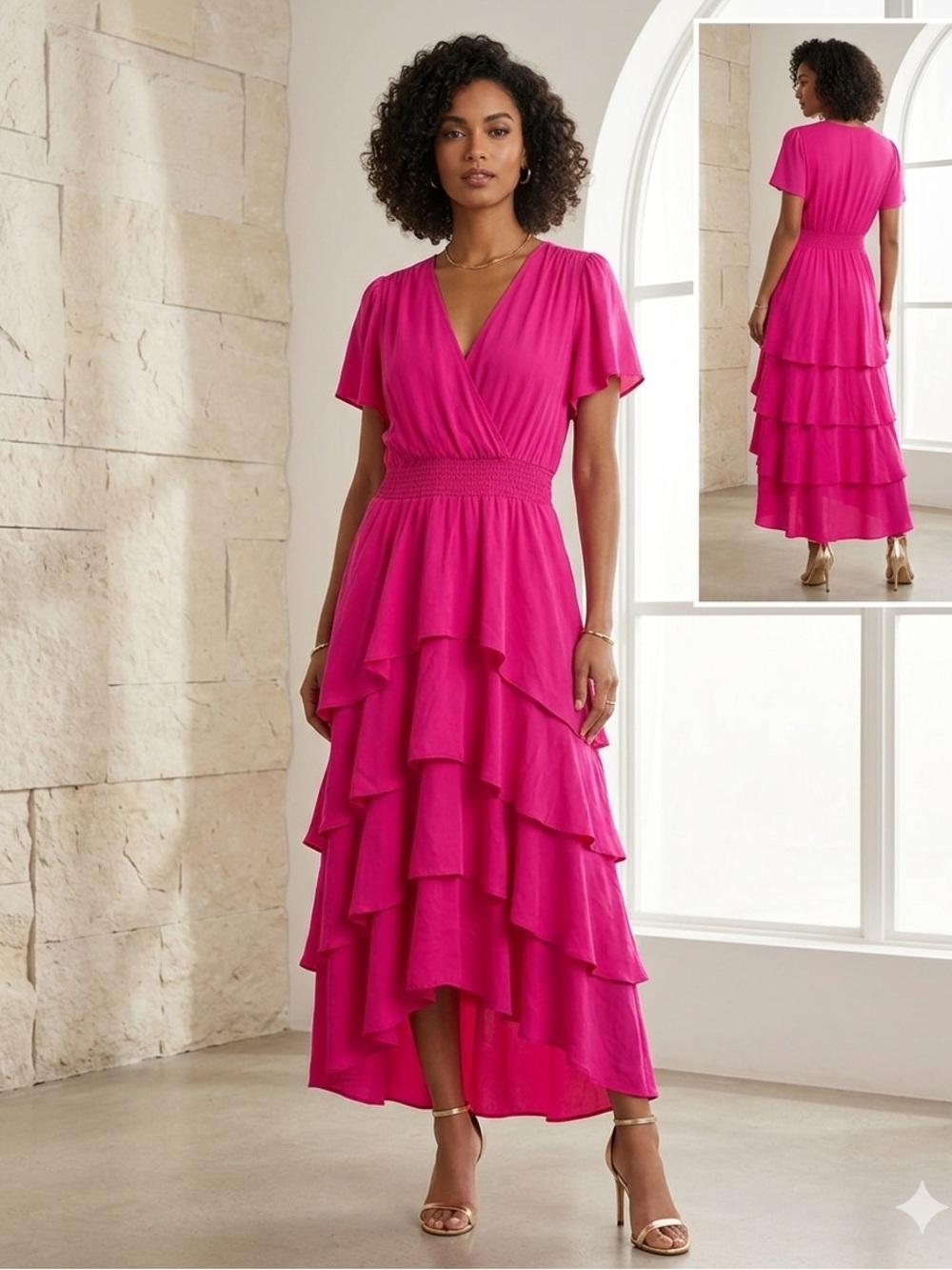 Vince Camuto Bright Fuchsia High-Low Ruffle Wrap Dress